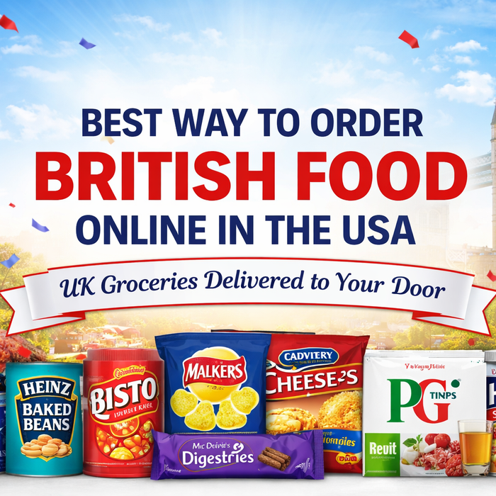 Banner with centred text “The Best Way to Order British Food Online in the USA” featuring British groceries, UK-themed colours, and international delivery concept