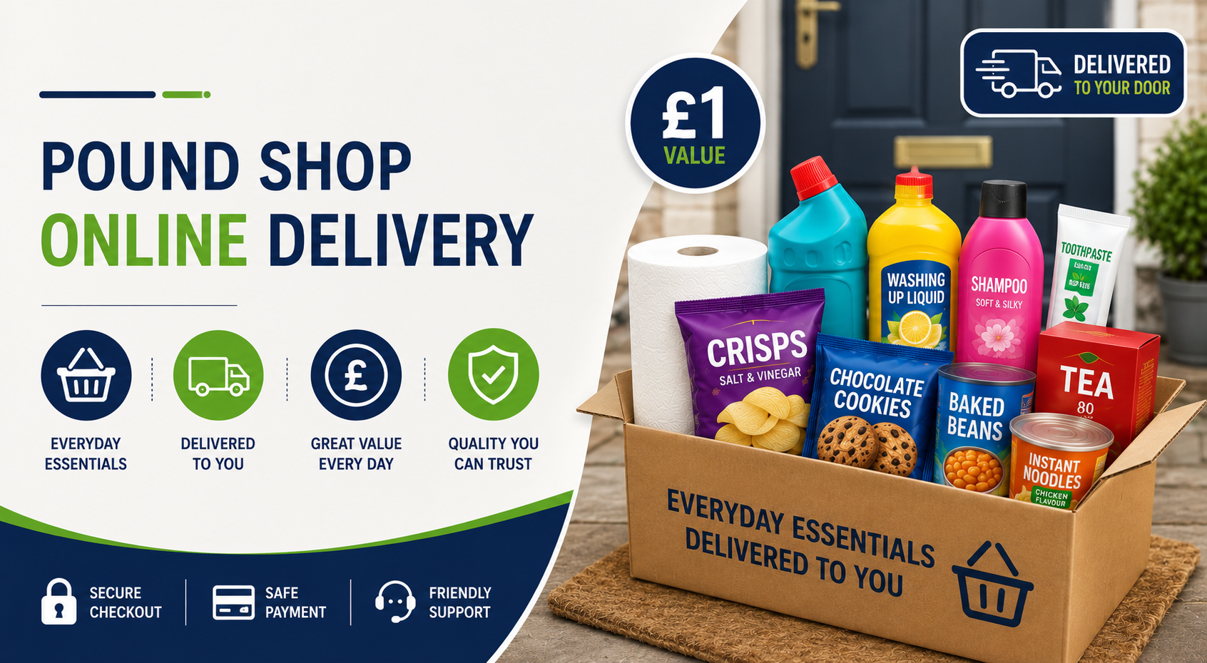 Pound shop online delivery banner showing everyday household essentials, snacks, cleaning products, toiletries and groceries delivered to your door.