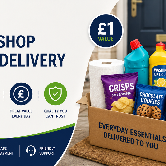 Pound shop online delivery banner showing everyday household essentials, snacks, cleaning products, toiletries and groceries delivered to your door.