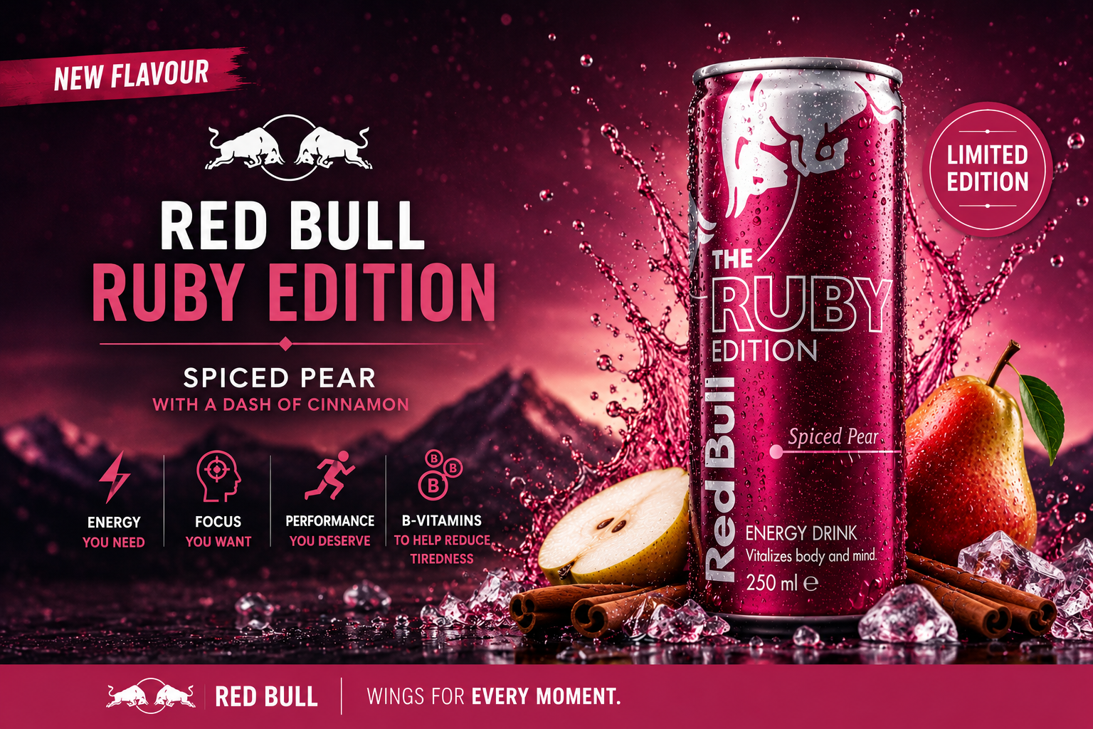 Red Bull Ruby Edition Spiced Pear energy drink can with pear, cinnamon sticks, ice and ruby splash background.