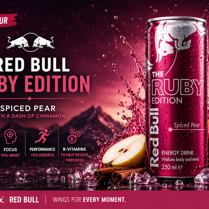 Red Bull Ruby Edition Spiced Pear energy drink can with pear, cinnamon sticks, ice and ruby splash background.