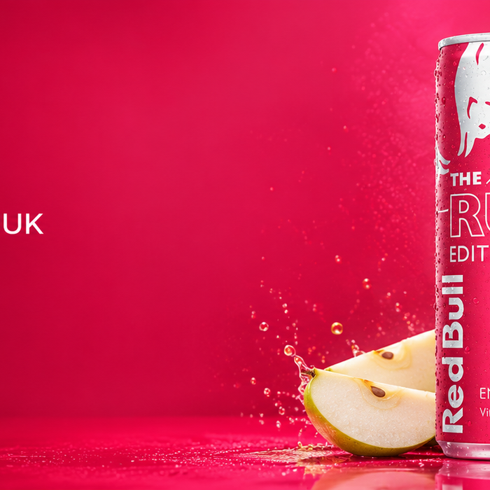 Red Bull Ruby Edition UK slim banner with spiced pear flavour, ruby red can, pear slices and cinnamon sticks on a red background.