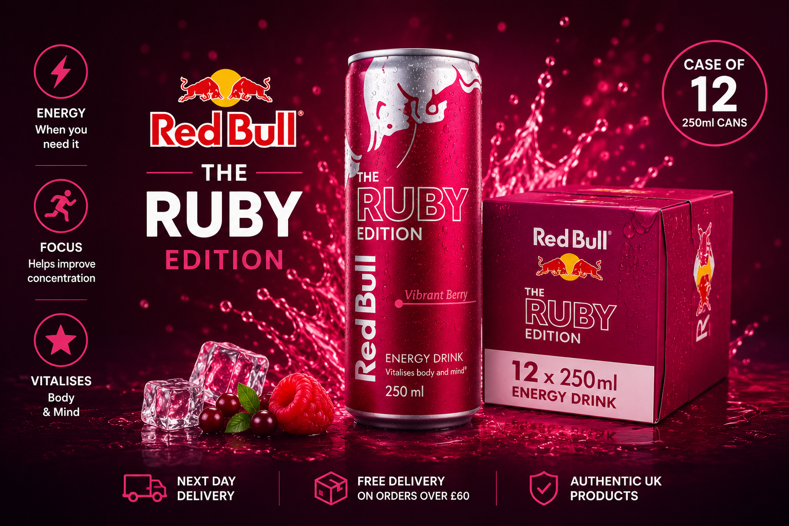 RedBull Ruby Edition energy drink banner showing 250ml can, case of 12 pack, ruby splash background, and energy icons.