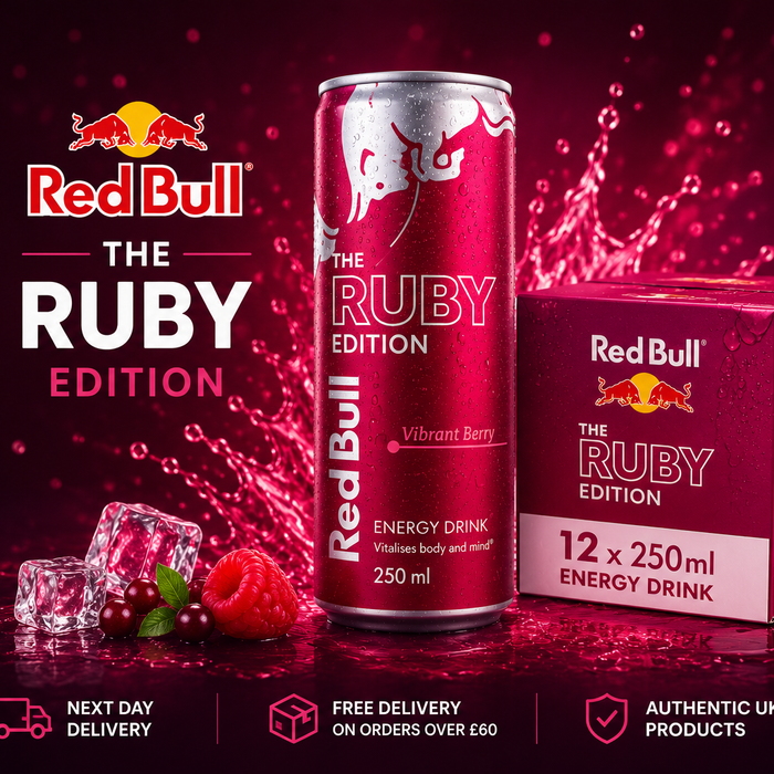 RedBull Ruby Edition energy drink banner showing 250ml can, case of 12 pack, ruby splash background, and energy icons.