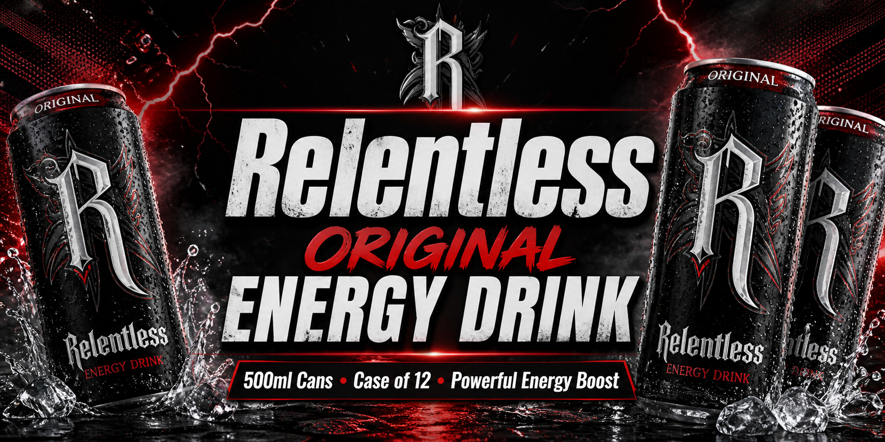 Relentless Original Energy Drink banner with 500ml cans, case of 12, bold red and black high-energy design