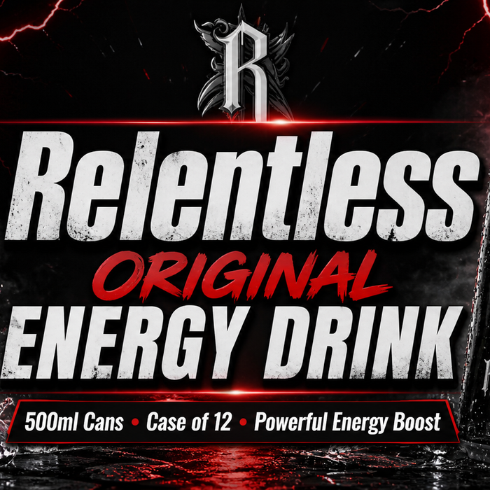 Relentless Original Energy Drink banner with 500ml cans, case of 12, bold red and black high-energy design