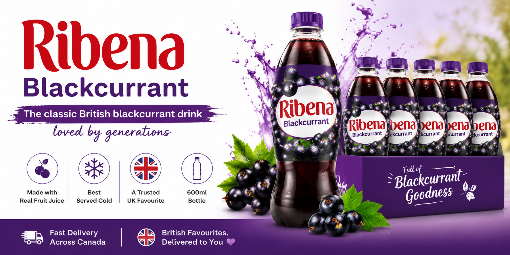 Ribena Blackcurrant 600ml case of 6 horizontal banner featuring classic British blackcurrant drink bottles with rich purple design and UK grocery delivery theme.