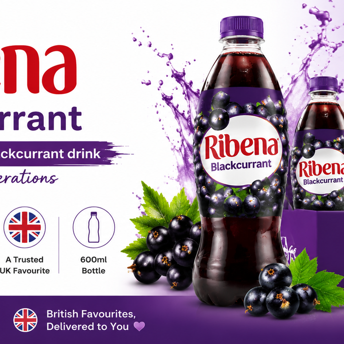 Ribena Blackcurrant 600ml case of 6 horizontal banner featuring classic British blackcurrant drink bottles with rich purple design and UK grocery delivery theme.