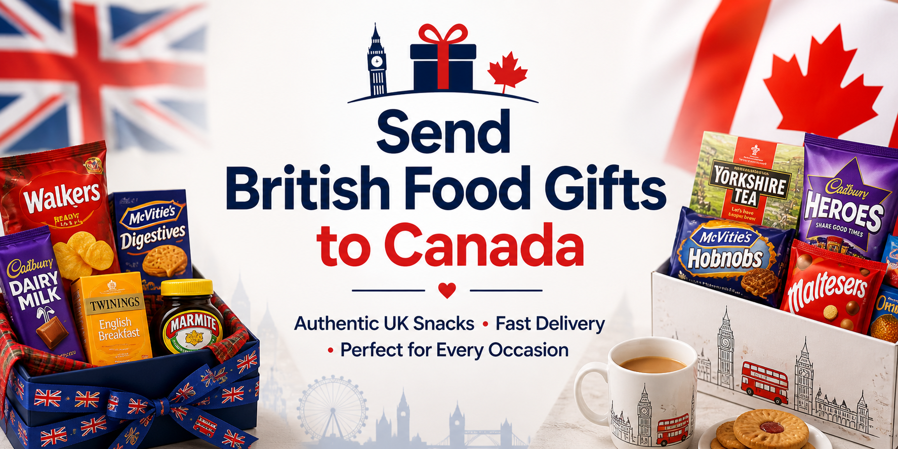 British food gift hamper with snacks, chocolates, and tea for delivery to Canada