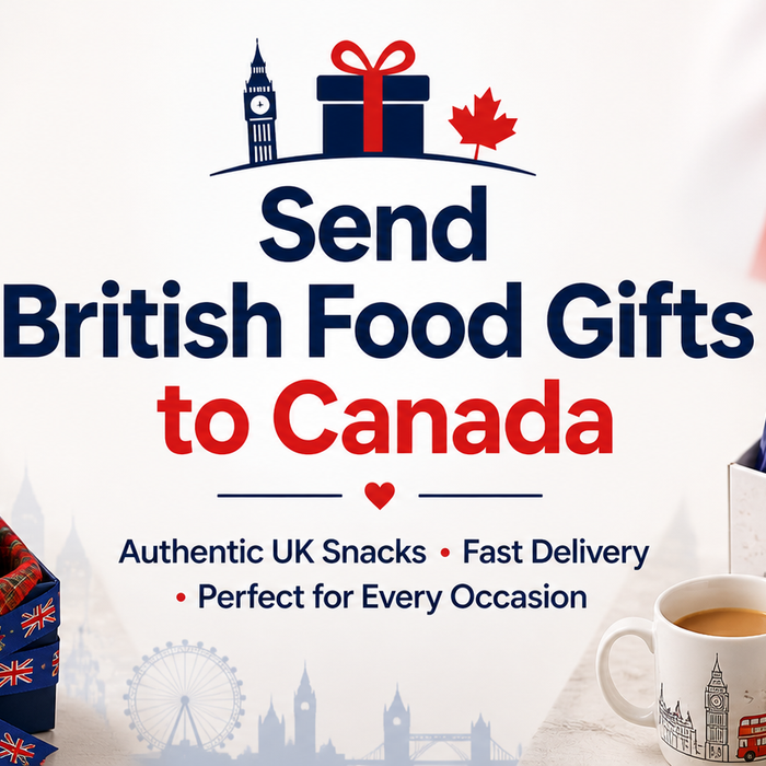 British food gift hamper with snacks, chocolates, and tea for delivery to Canada