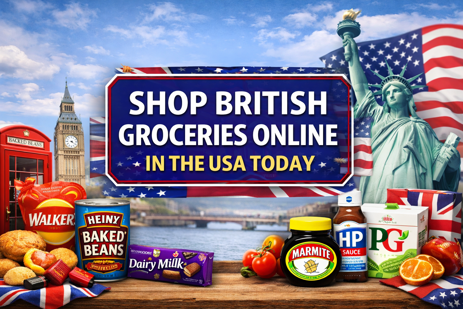 Shop British groceries online in the USA today banner with modern clean design featuring UK food products, bold central text, and international delivery theme