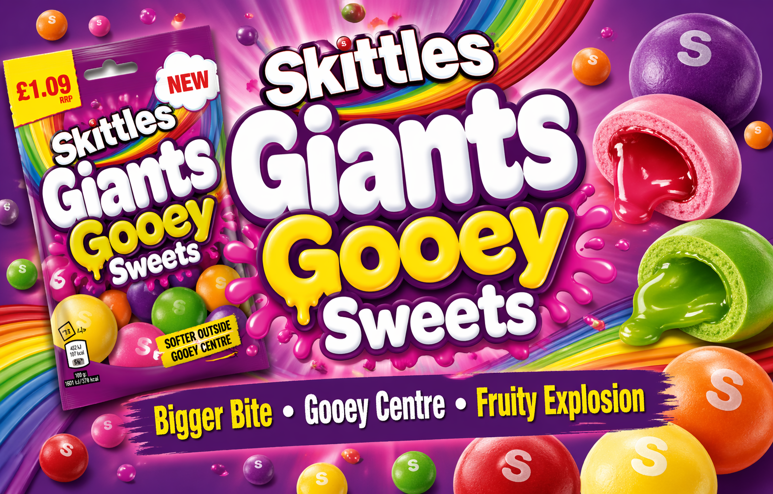 Skittles Giants Gooey Sweets banner with colourful candy, gooey fruit centres, and bold text highlighting bigger bite and fruity explosion