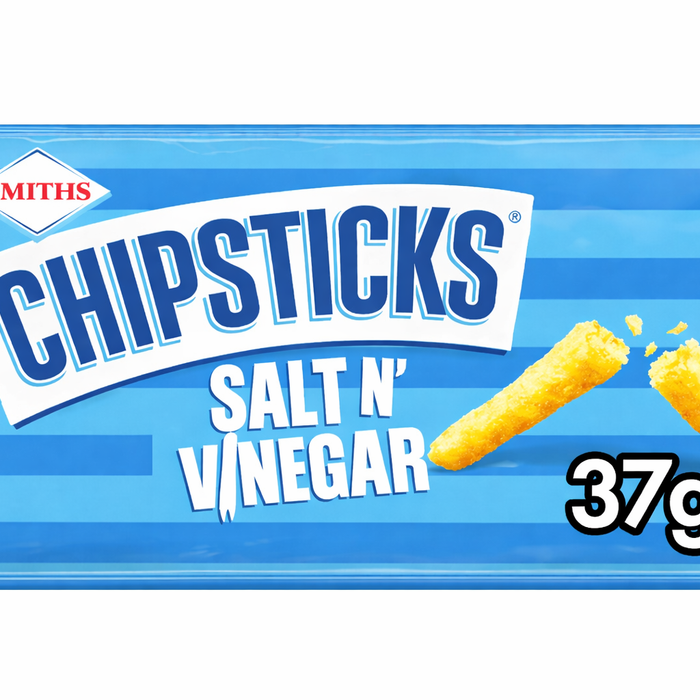 Smiths Chipsticks Salt & Vinegar 37g British crisps horizontal banner showing crunchy potato stick snacks on blue striped background