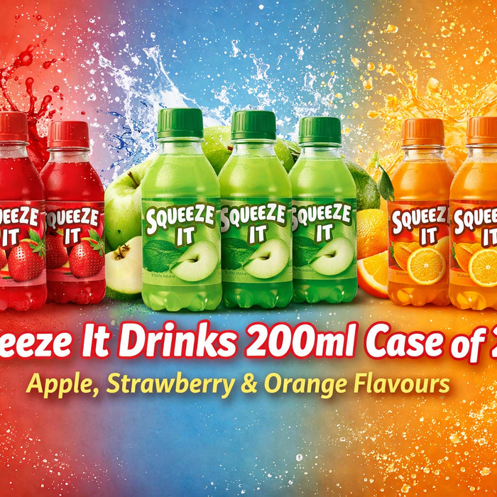 Squeeze It Drinks 200ml Case of 24 featuring Apple, Strawberry and Orange flavours with colourful fruit splash background