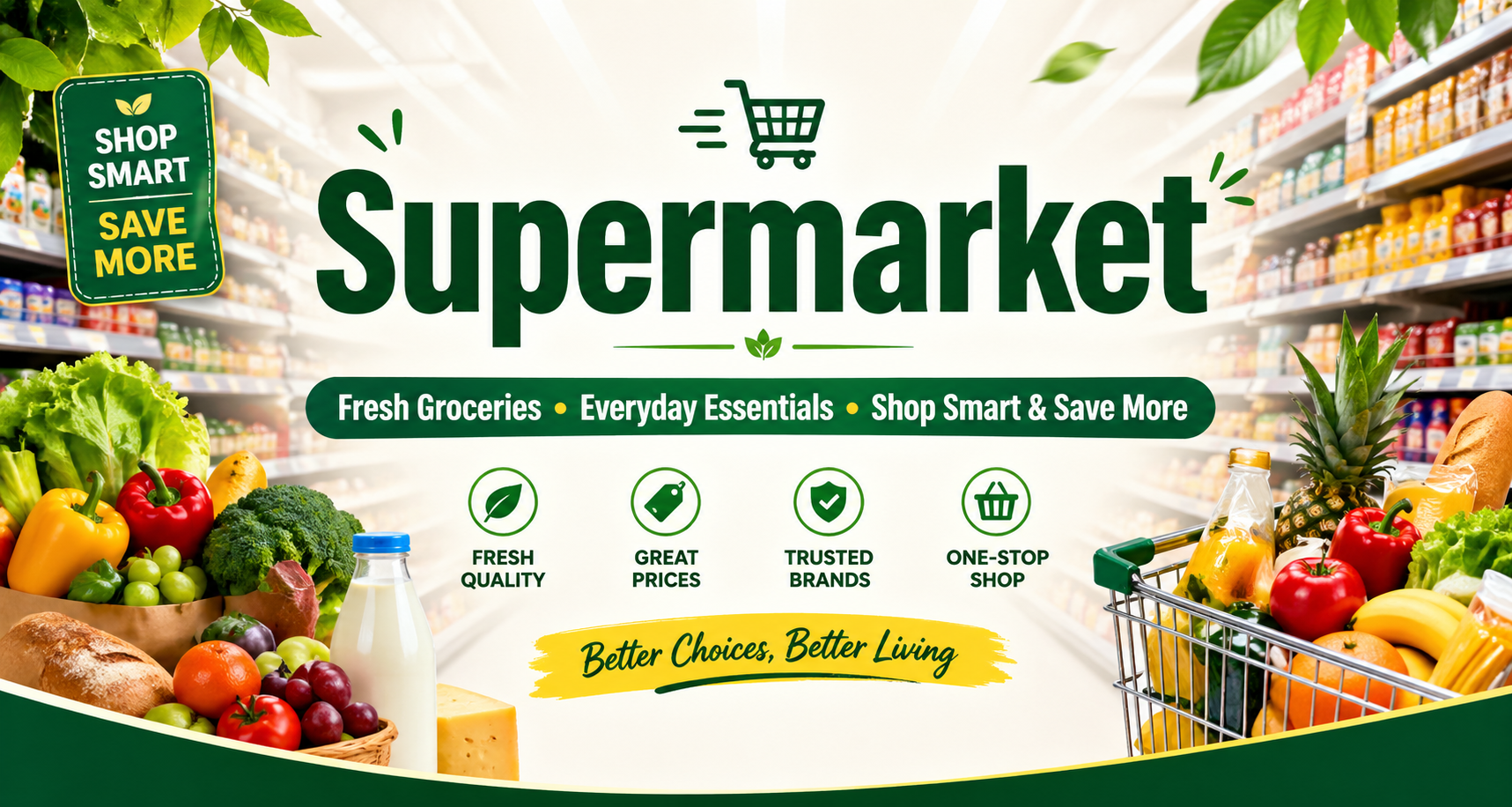 Supermarket banner with fresh groceries, shopping cart, and modern store aisle promoting everyday essentials and savings
