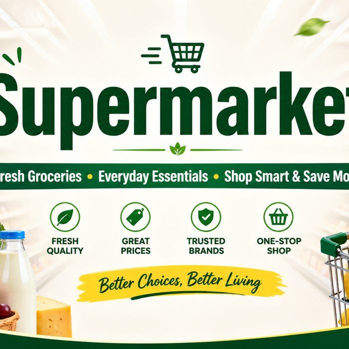 Supermarket banner with fresh groceries, shopping cart, and modern store aisle promoting everyday essentials and savings