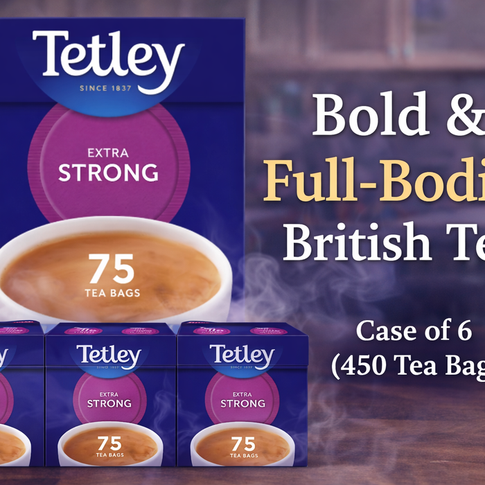 Tetley Extra Strong 75 Tea Bags Case of 6 banner featuring bold full-bodied British tea with product packaging and centred promotional text.