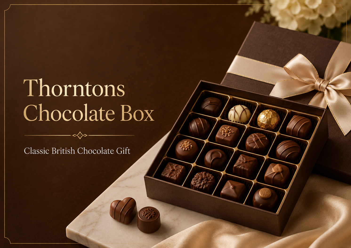 Thorntons chocolate box with assorted British chocolates in a luxury gift box