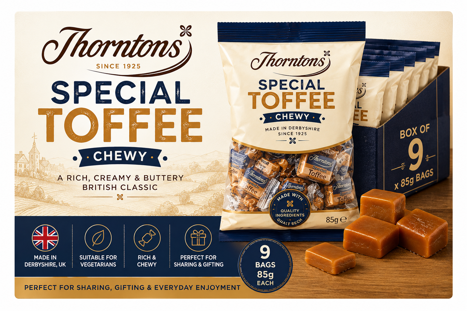 Thorntons Special Toffee Chewy 85g Box of 9 British toffee bags