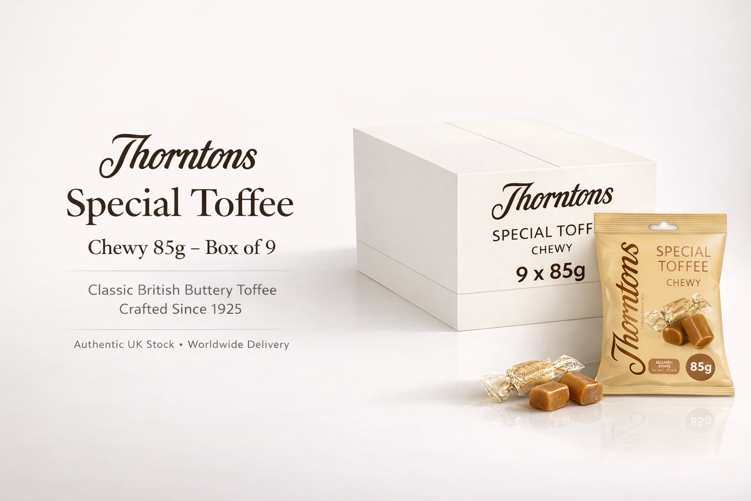 Thorntons Special Toffee Chewy 85g Box of 9 premium white hero banner with product packaging on clean background