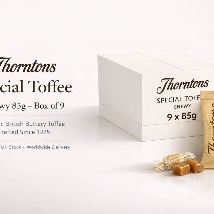Thorntons Special Toffee Chewy 85g Box of 9 premium white hero banner with product packaging on clean background
