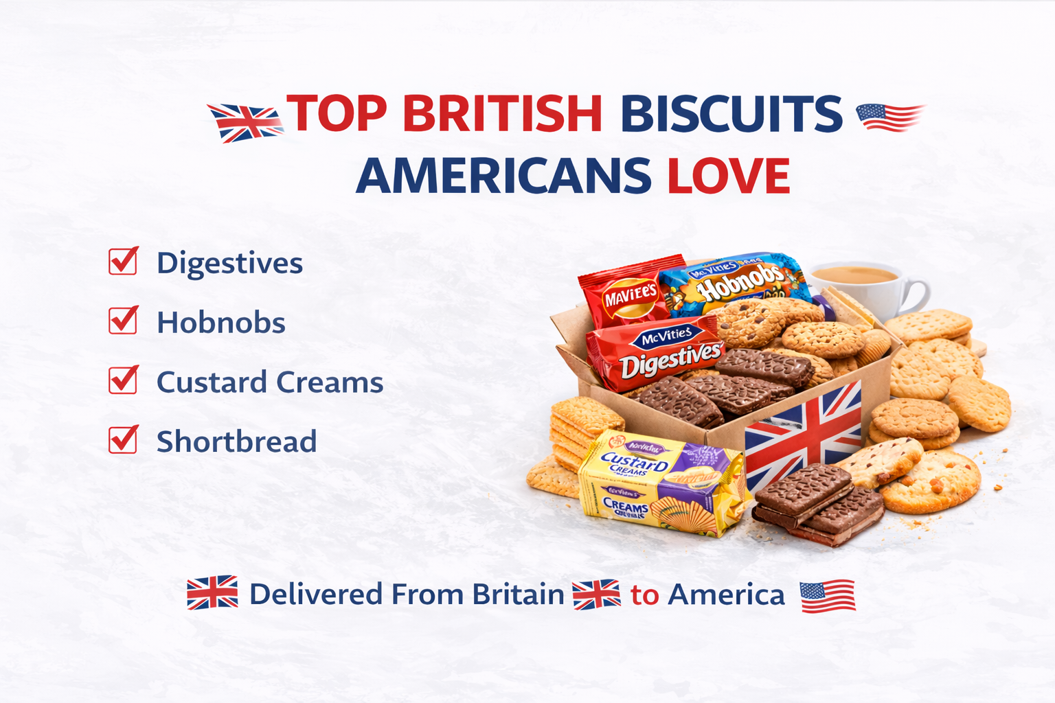 Top British Biscuits Americans Love banner with white background featuring UK biscuits including Digestives, Hobnobs and Custard Creams.
