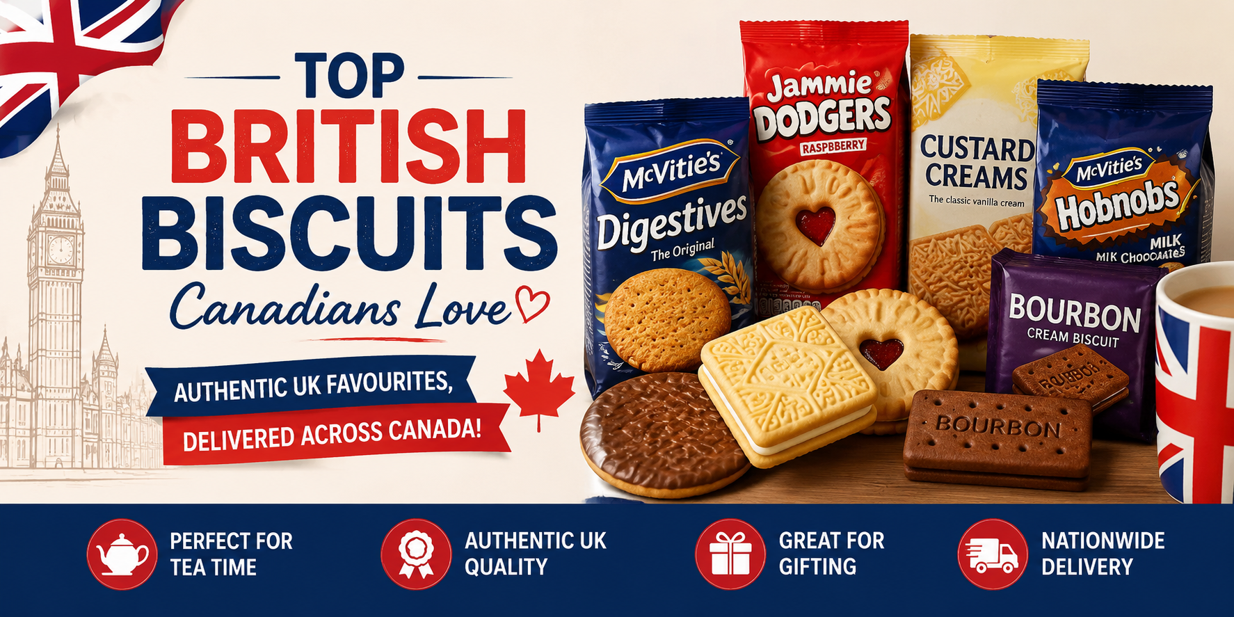 Top British Biscuits Canadians Love banner featuring Digestives, Hobnobs, Custard Creams and other authentic UK favourites