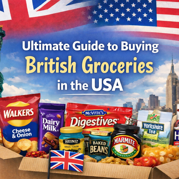 Ultimate guide to buying British groceries in the USA featuring popular UK foods like Cadbury chocolate, Walkers crisps, McVitie’s Digestives, Yorkshire Tea, Heinz baked beans and Marmite shipped from the UK