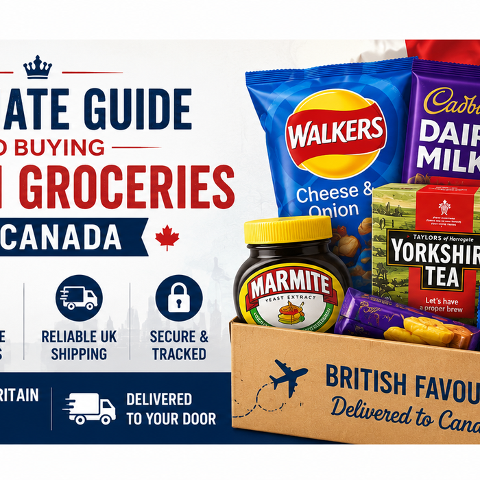 Ultimate guide to buying British groceries in Canada banner featuring Walkers Crisps, Cadbury Dairy Milk, Yorkshire Tea, Marmite, Heinz Beanz, HP Sauce, and McVitie’s Digestives with UK and Canadian themed graphics.