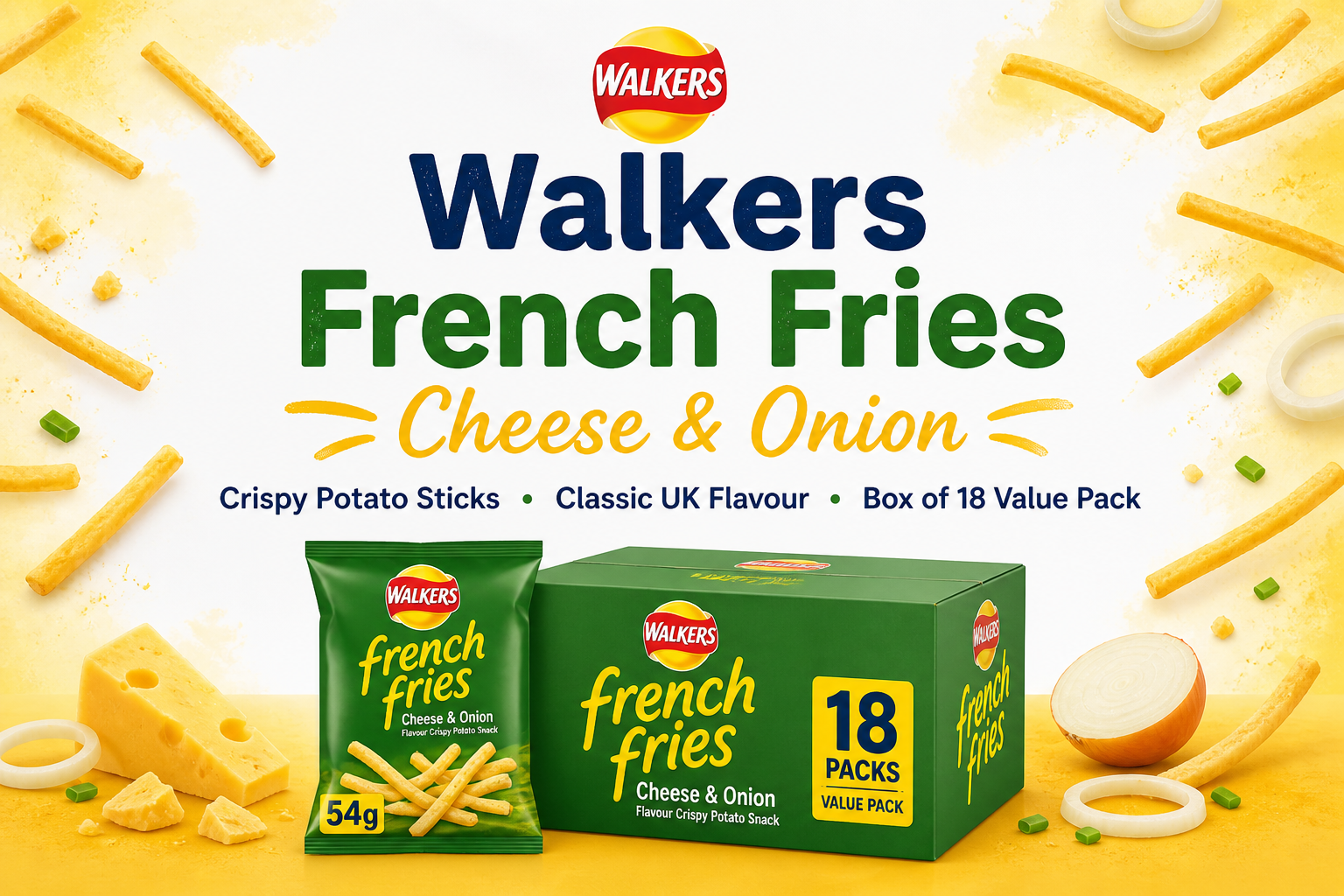 Walkers French Fries Cheese & Onion snacks banner featuring crispy potato sticks and 18 pack value box