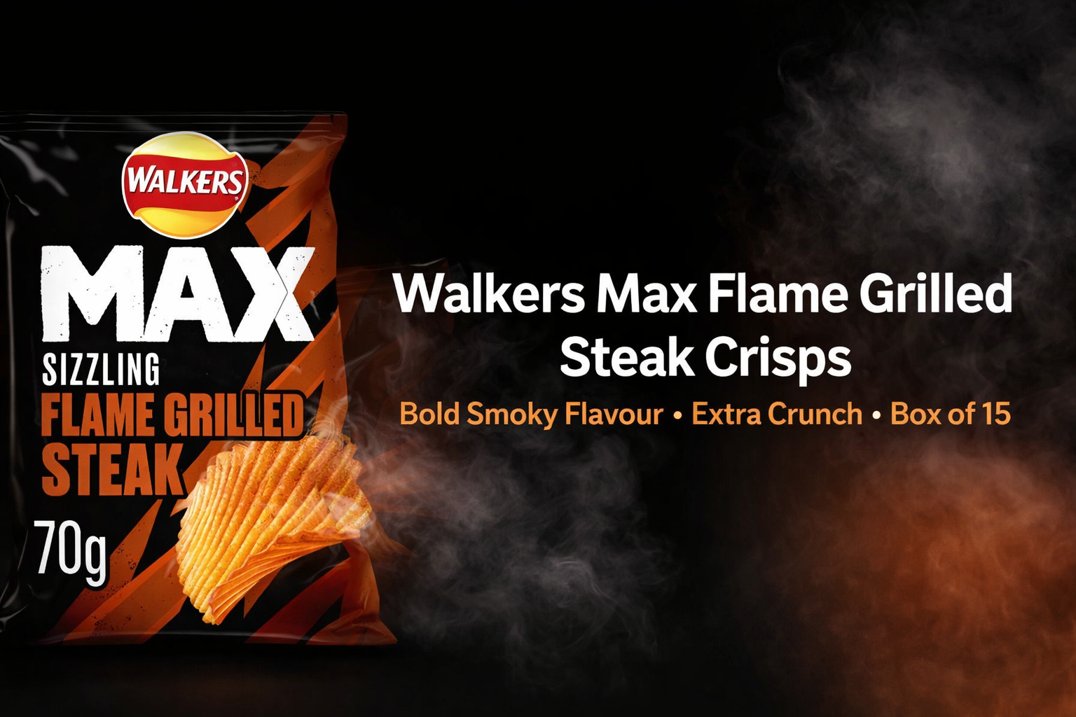 Walkers Max Flame Grilled Steak Crisps banner with smoky background, bold centered text and ridged crisps