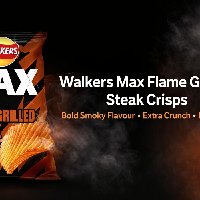 Walkers Max Flame Grilled Steak Crisps banner with smoky background, bold centered text and ridged crisps