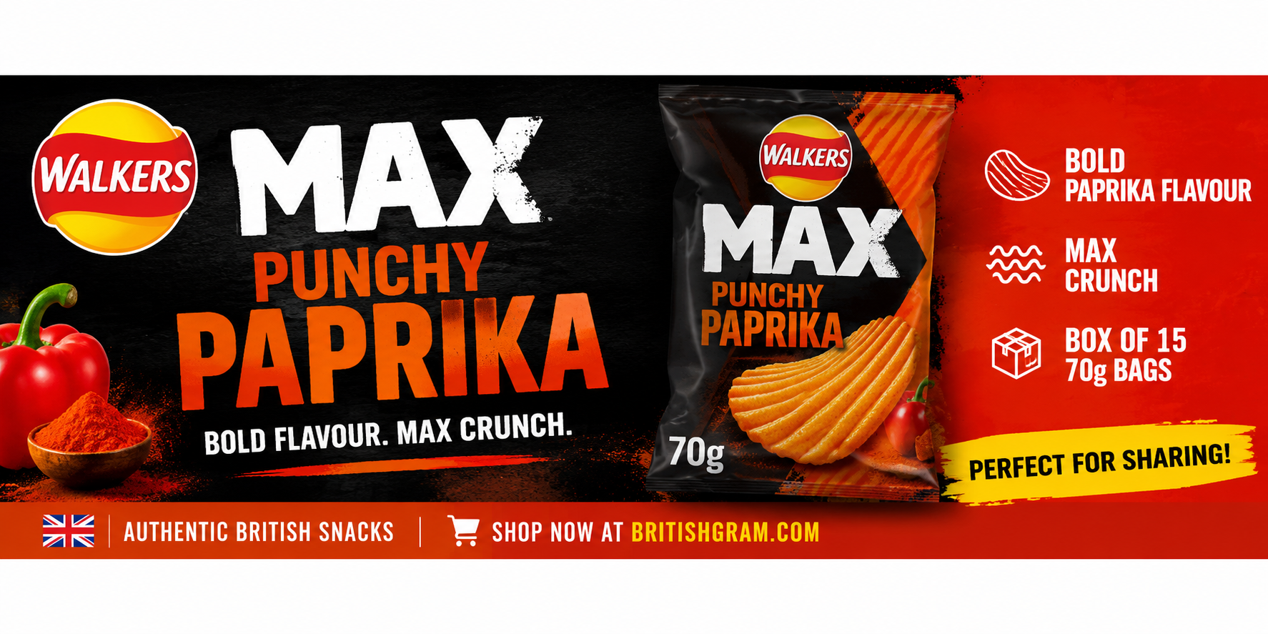 Walkers Max Punchy Paprika Crisps 70g box of 15 premium British snacks banner