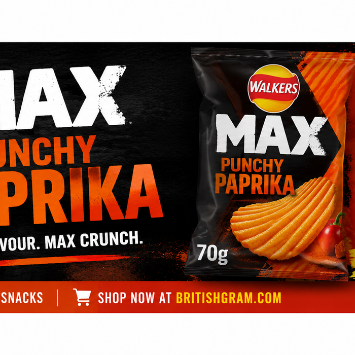 Walkers Max Punchy Paprika Crisps 70g box of 15 premium British snacks banner