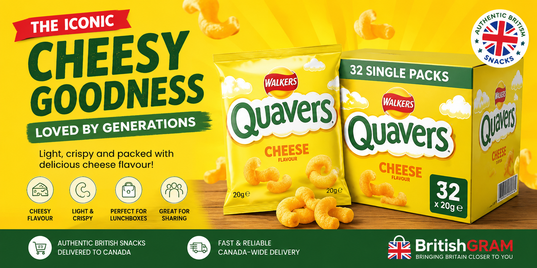 Walkers Quavers Cheese Snacks Crisps 20g Box of 32 British snack banner with cheesy crisps and UK delivery theme