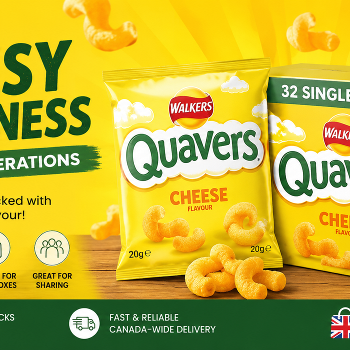 Walkers Quavers Cheese Snacks Crisps 20g Box of 32 British snack banner with cheesy crisps and UK delivery theme