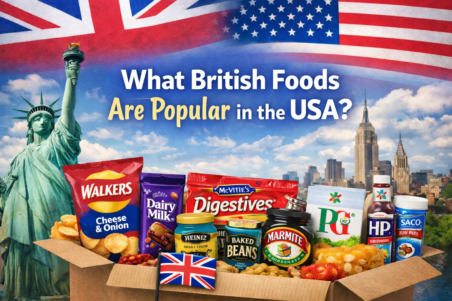 Popular British foods in the USA including Cadbury chocolate, Walkers crisps, McVitie’s Digestives, Heinz baked beans, Marmite and British tea shipped from the UK to America