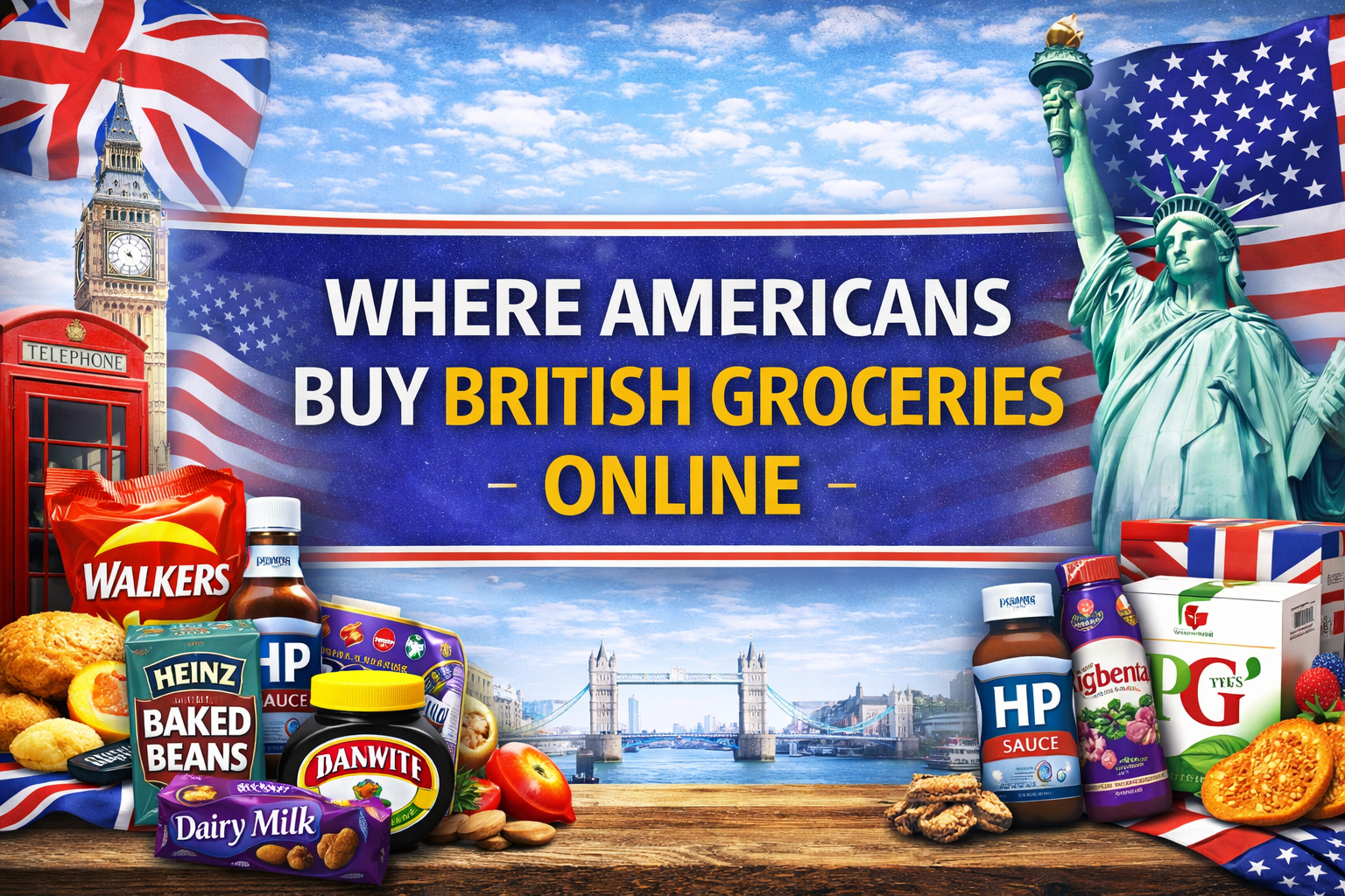 Where Americans buy British groceries online banner with bold centre text, UK and USA landmarks, and popular British food products