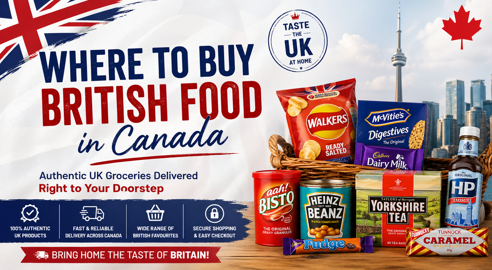 Where to Buy British Food in Canada banner with UK groceries, tea, biscuits and snacks, authentic British products delivered across Canada
