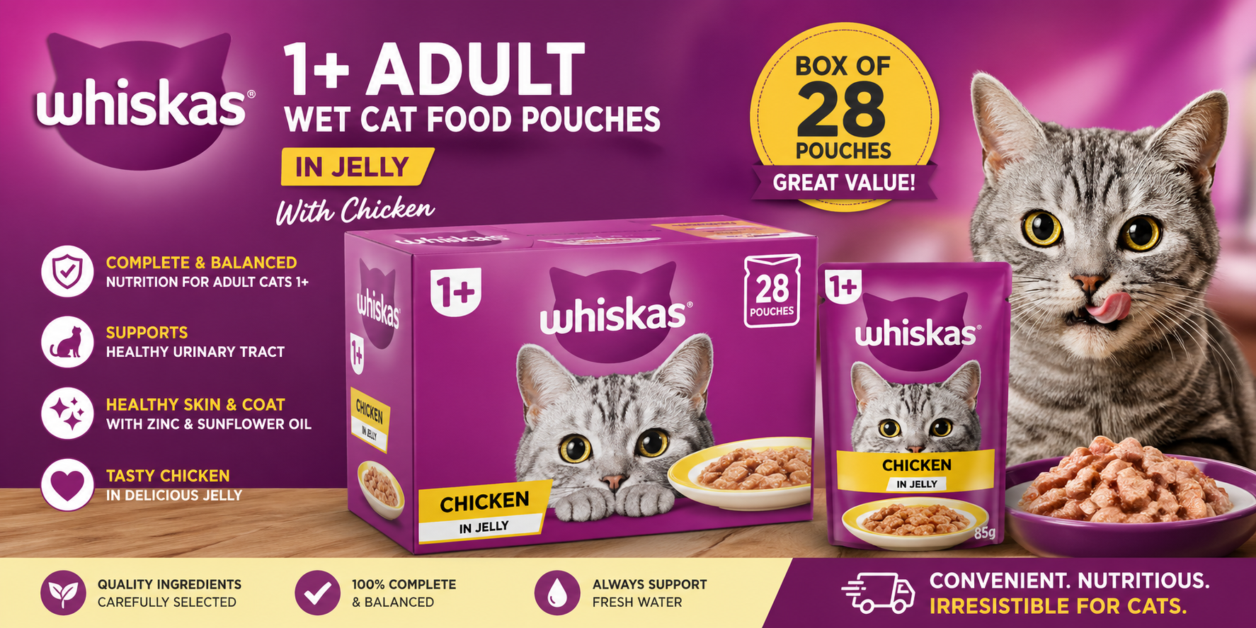 Whiskas 1+ Adult Wet Cat Food Pouches in Jelly with Chicken 85g box of 28, complete and balanced nutrition for adult cats with tasty chicken in jelly