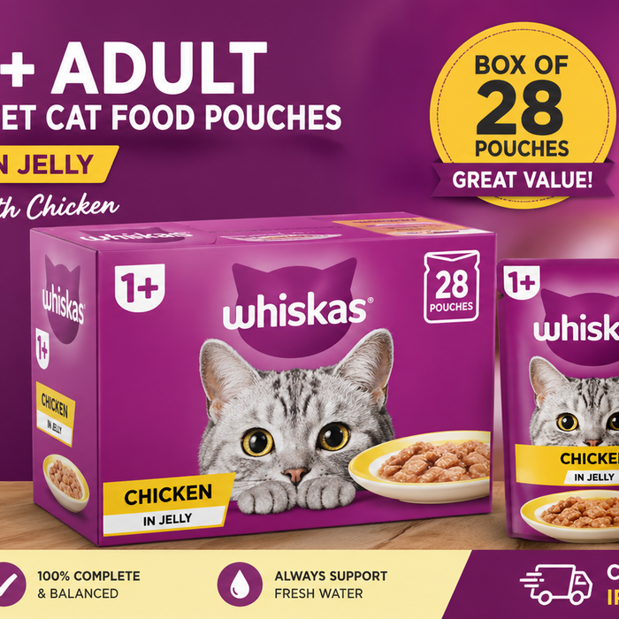 Whiskas 1+ Adult Wet Cat Food Pouches in Jelly with Chicken 85g box of 28, complete and balanced nutrition for adult cats with tasty chicken in jelly