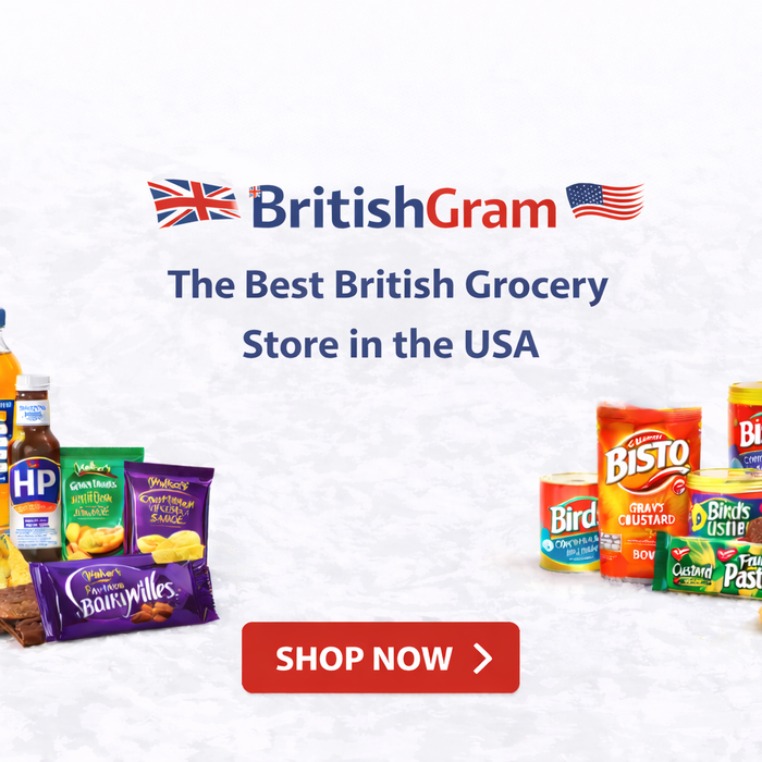 BritishGram banner with white background and centred title “The Best British Grocery Store in the USA” featuring UK groceries and snacks.