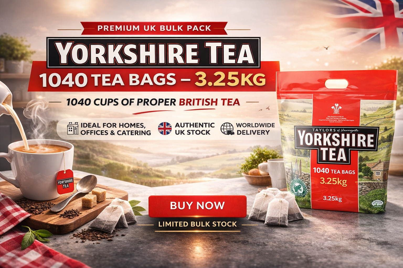 Yorkshire Tea 1040 tea bags 3.25kg bulk pack banner with authentic UK stock and worldwide delivery
