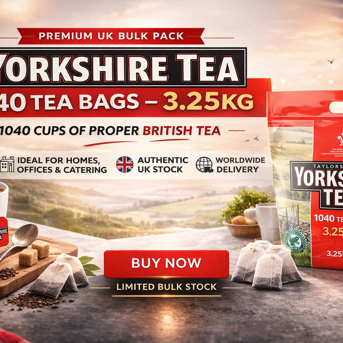 Yorkshire Tea 1040 tea bags 3.25kg bulk pack banner with authentic UK stock and worldwide delivery