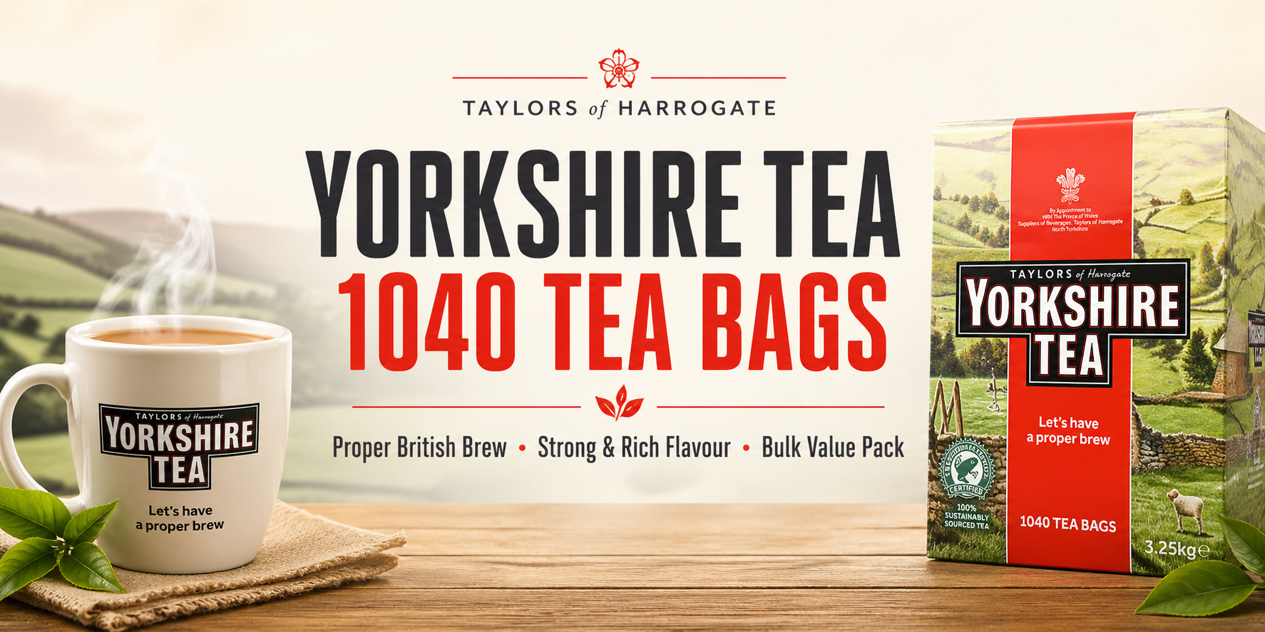 Yorkshire Tea 1040 tea bags bulk pack banner proper British brew strong rich flavour