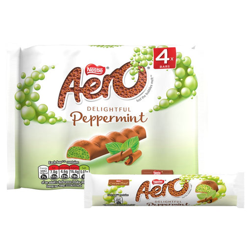 Nestlé Aerod Delightful Peppermint snack bars, showing a large 4-pack bag and one individual wrapped bar on a plain white background.
