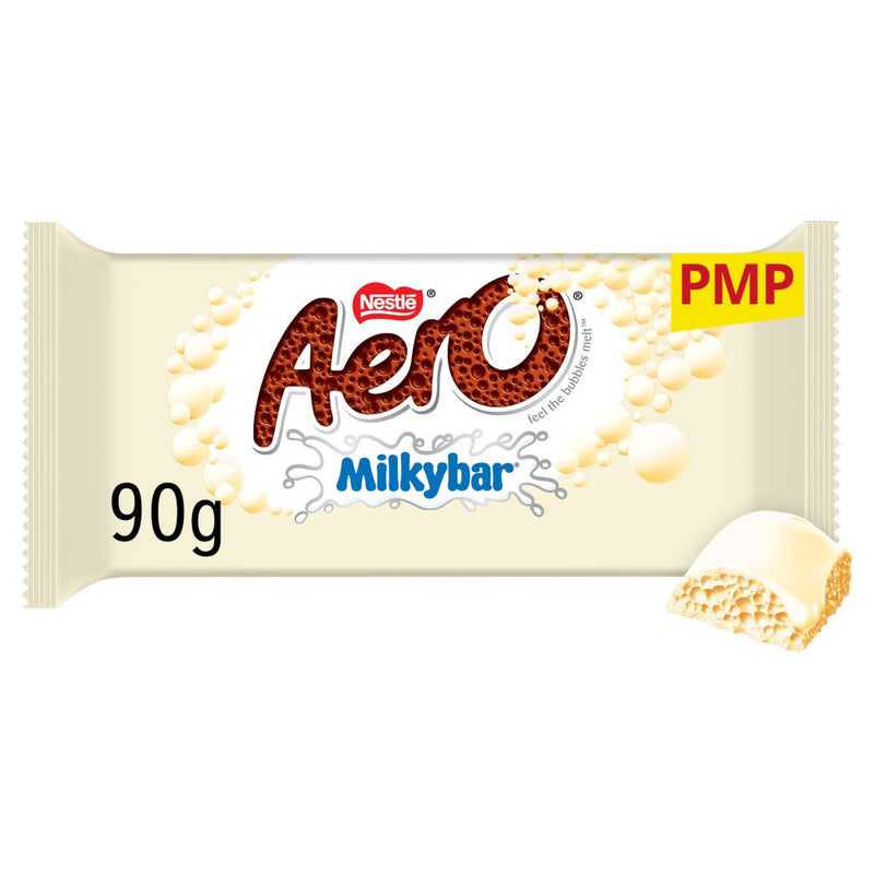 A 90g package of Nestles Aero Milkybar chocolate wafer cookies, featuring a cream-colored wrapper with the red and brown 'Aero' logo, blue 'Milkybar' text, a yellow 'PMP' badge, and a small cutaway illustration of the creamy wafer on the bottom right.