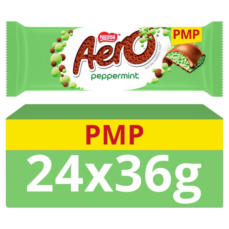 Nestlé Aero Peppermint chocolate bar packaging shown with a single wrapped bar above and a large green-and-yellow carton graphic below. The carton reads PMP and 24x36g.