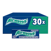 A box of Airwaves Menthol Eucalyptus sugarfree gum, showing a large 30-count box and a smaller 10-count pack in front, on a plain white background.