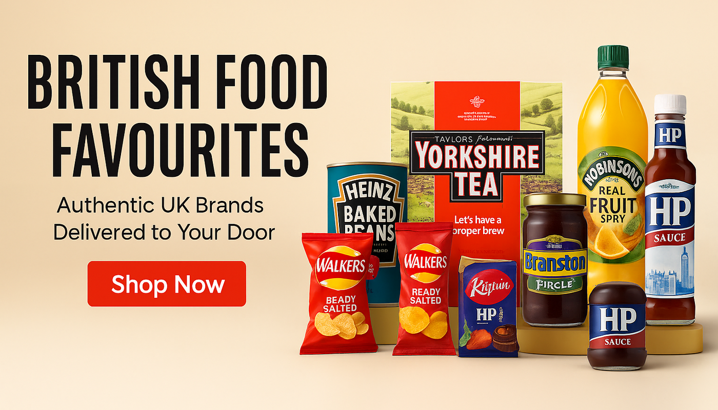 Promotional banner for British food favourites with various branded products on a beige background on the supermarket banner.